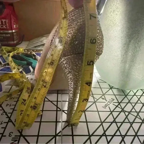 Steve Madden Gold Satin Open Toe 5 1/2” Rhinestones Cover Heels Size 6.5
