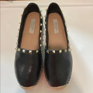 Steven New York Black and Gold Espadrille Flats with Studded Detailing