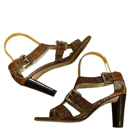 Stuart Weitzman 6.5 Brown Leather Heel Sandal Shoes