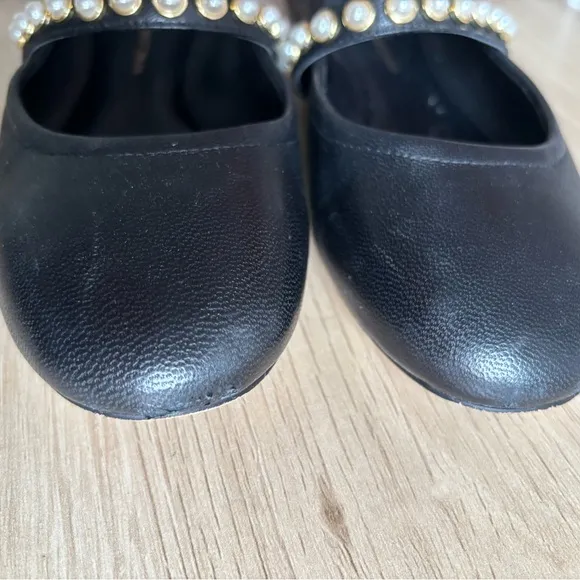 Stuart Weitzman Black Flats with Pearl Embellishments