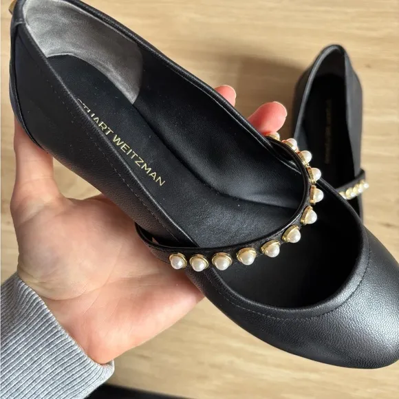 Stuart Weitzman Black Flats with Pearl Embellishments