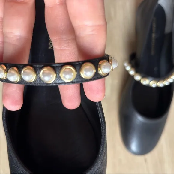 Stuart Weitzman Black Flats with Pearl Embellishments