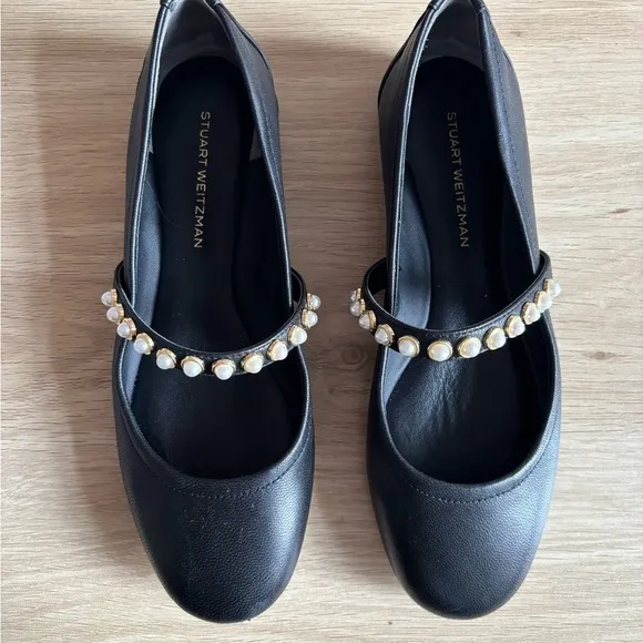 Stuart Weitzman Black Flats with Pearl Embellishments