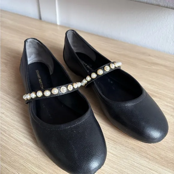 Stuart Weitzman Black Flats with Pearl Embellishments
