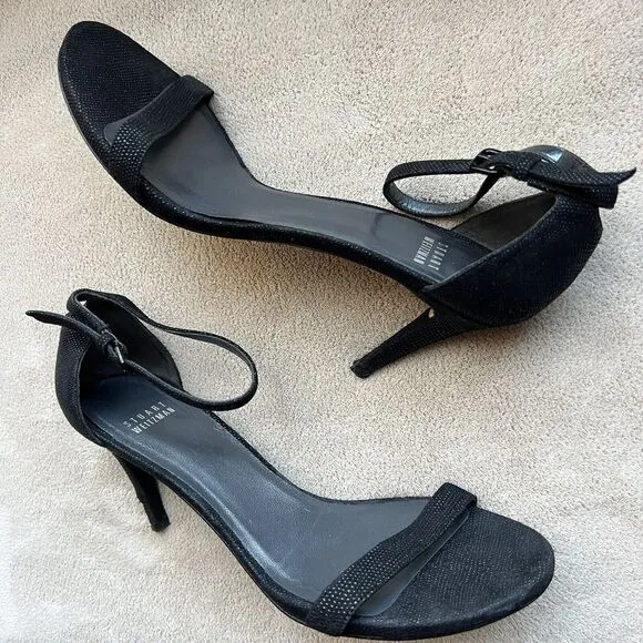 Stuart Weitzman Black Goose Bump Leather Nudist Strappy Heeled Sandals 8.5 M