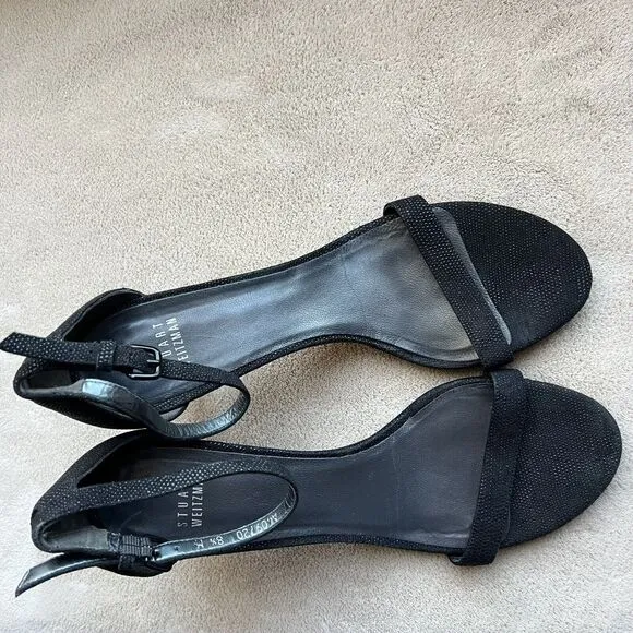 Stuart Weitzman Black Goose Bump Leather Nudist Strappy Heeled Sandals 8.5 M