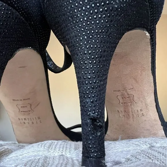 Stuart Weitzman Black Goose Bump Leather Nudist Strappy Heeled Sandals 8.5 M