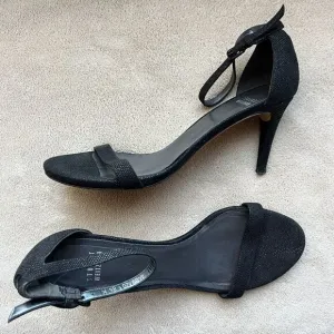 Stuart Weitzman Black Goose Bump Leather Nudist Strappy Heeled Sandals 8.5 M