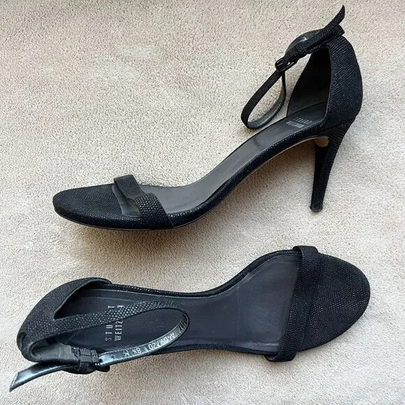 Stuart Weitzman Black Goose Bump Leather Nudist Strappy Heeled Sandals 8.5 M