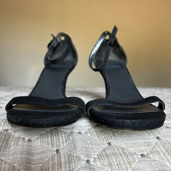 Stuart Weitzman Black Goose Bump Leather Nudist Strappy Heeled Sandals 8.5 M