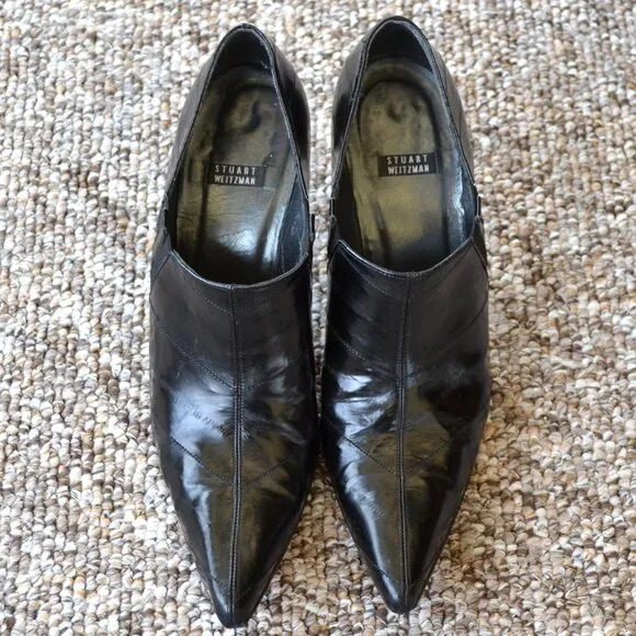 Stuart Weitzman Black Heeled Designer Shootie, Pointed Toes, Leather, Size 7 1/2