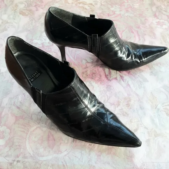 Stuart Weitzman Black Heeled Designer Shootie, Pointed Toes, Leather, Size 7 1/2