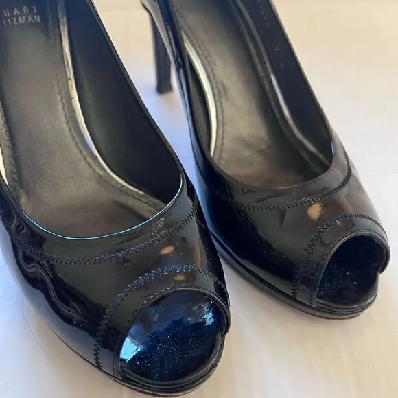 Stuart Weitzman Black Patent Peep Toe Heel size 9