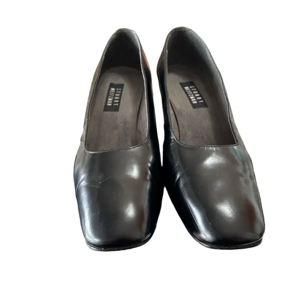 Stuart Weitzman Black Square Toe  Block  Heel Size 10 Pump Shoes Leather