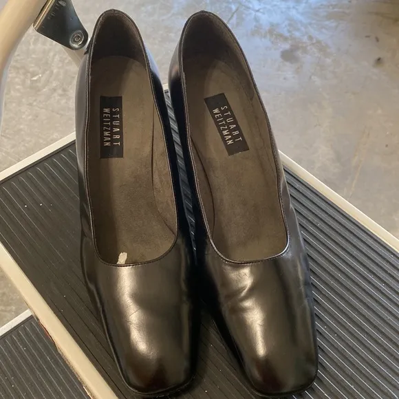 Stuart Weitzman Black Square Toe  Block  Heel Size 10 Pump Shoes Leather