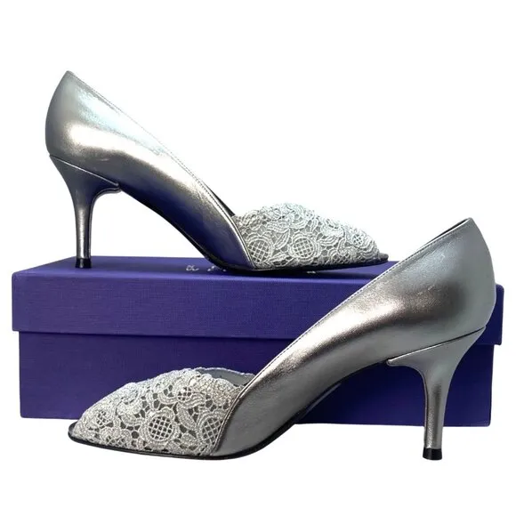 Stuart Weitzman Chantell Aluminum Silver Leather Chantilly Lace Peep Pumps 7.5M