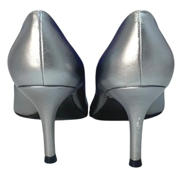 Stuart Weitzman Chantell Aluminum Silver Leather Chantilly Lace Peep Pumps 7.5M