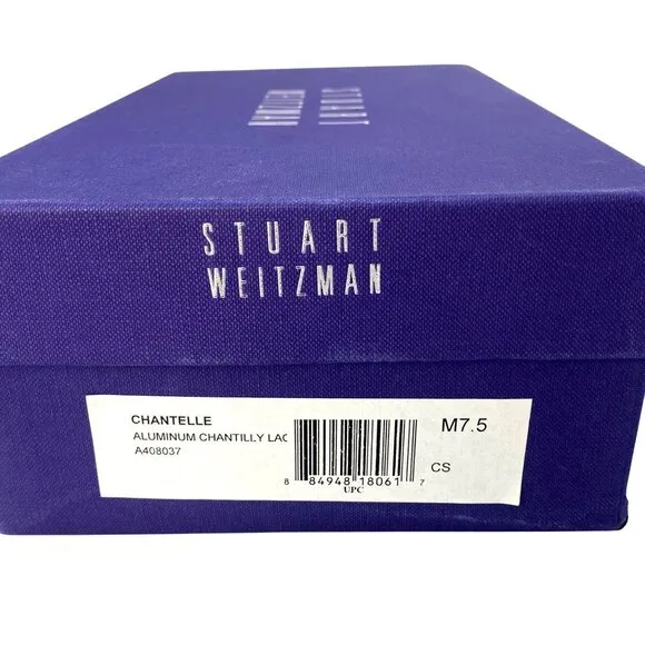 Stuart Weitzman Chantell Aluminum Silver Leather Chantilly Lace Peep Pumps 7.5M