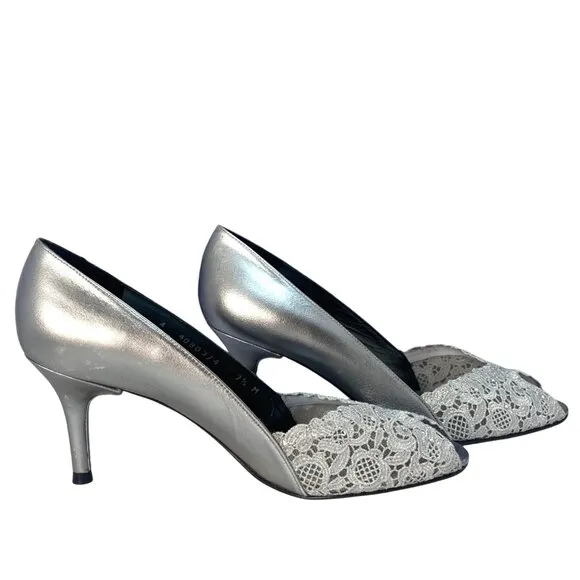 Stuart Weitzman Chantell Aluminum Silver Leather Chantilly Lace Peep Pumps 7.5M