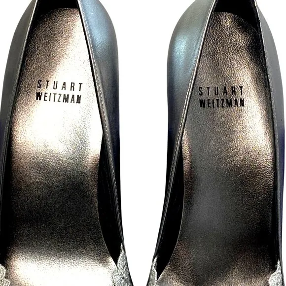 Stuart Weitzman Chantell Aluminum Silver Leather Chantilly Lace Peep Pumps 7.5M