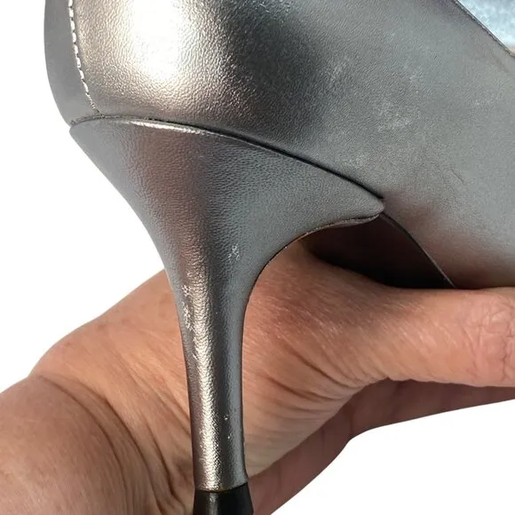 Stuart Weitzman Chantell Aluminum Silver Leather Chantilly Lace Peep Pumps 7.5M