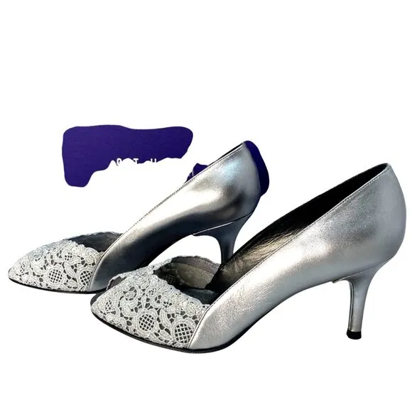 Stuart Weitzman Chantell Aluminum Silver Leather Chantilly Lace Peep Pumps 7.5M