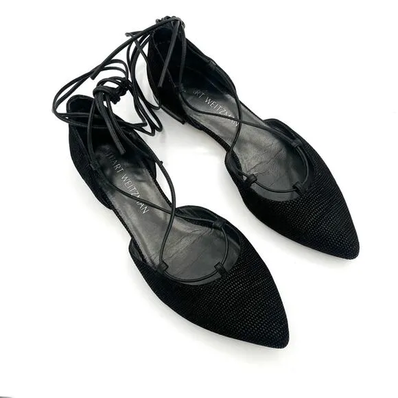 Stuart Weitzman Gilligant lace up flats Black Sz 6.5 Chic Dorsay glitter shoes