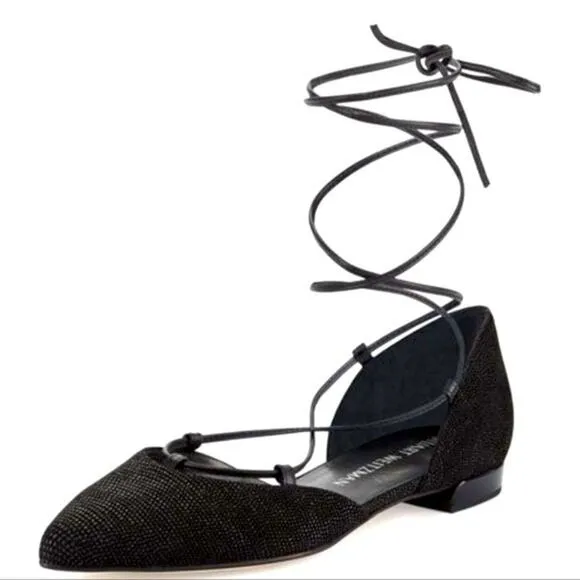 Stuart Weitzman Gilligant lace up flats Black Sz 6.5 Chic Dorsay glitter shoes