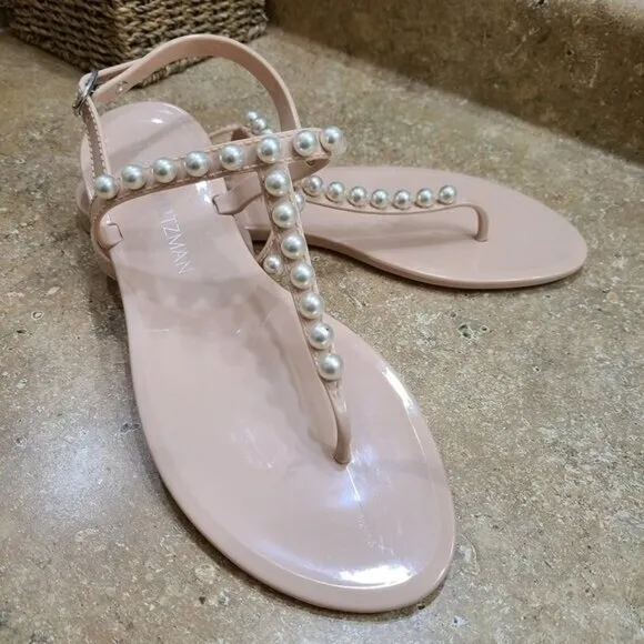 Stuart Weitzman Goldie Pearl Jelly T-Strap Sandals Shoes 10