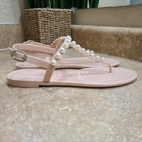 Stuart Weitzman Goldie Pearl Jelly T-Strap Sandals Shoes 10