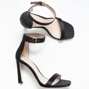 Stuart Weitzman Heels Square Toe Ankle Buckle Sandals Sateen Shoes Black 7.5