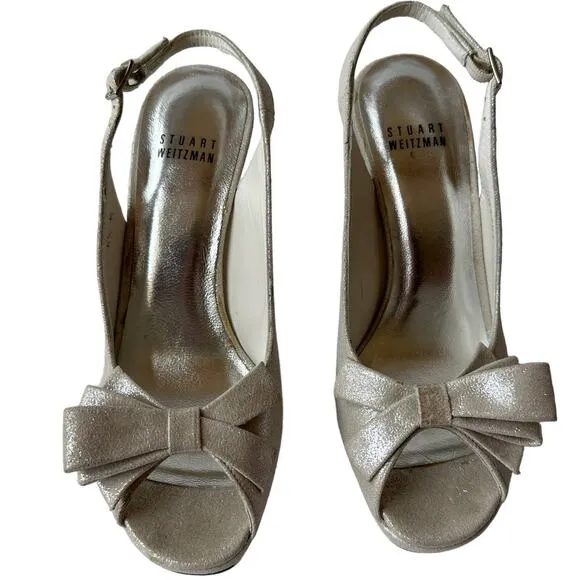 Stuart Weitzman Heels Tarot Silver Glazed Lame Leather Pumps Women's Size 6.5