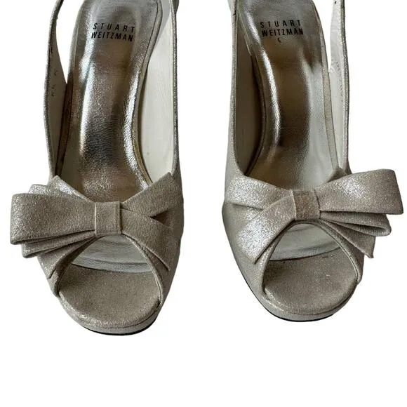 Stuart Weitzman Heels Tarot Silver Glazed Lame Leather Pumps Women's Size 6.5