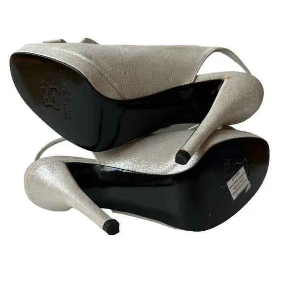 Stuart Weitzman Heels Tarot Silver Glazed Lame Leather Pumps Women's Size 6.5
