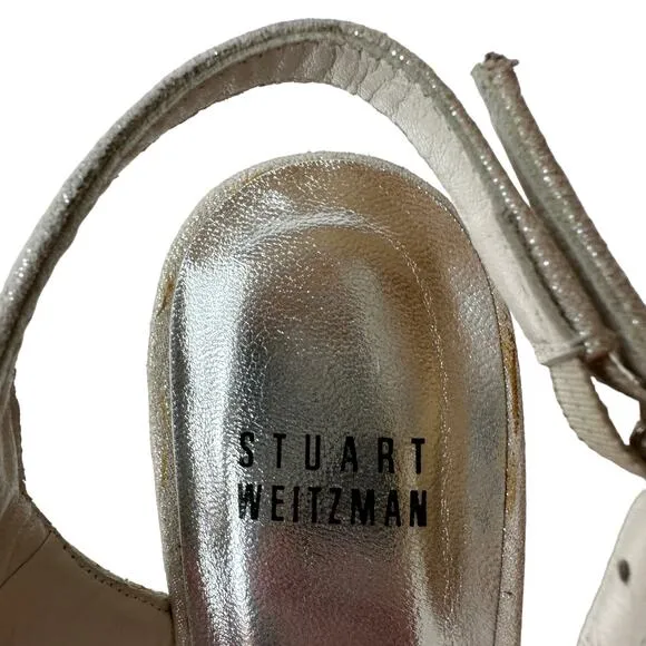 Stuart Weitzman Heels Tarot Silver Glazed Lame Leather Pumps Women's Size 6.5