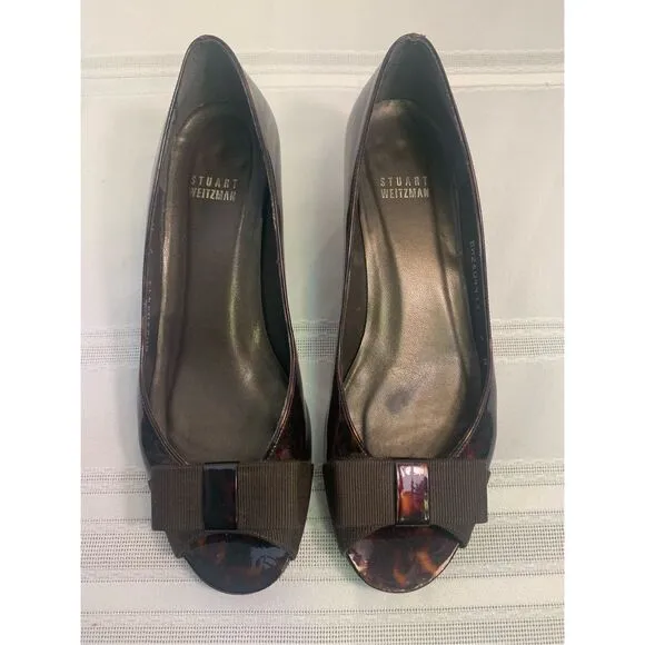 STUART WEITZMAN LOW HEEL WOMENS PEEP TOE OPEN TOE BROWN TORTOISE ITALIAN LEATHER