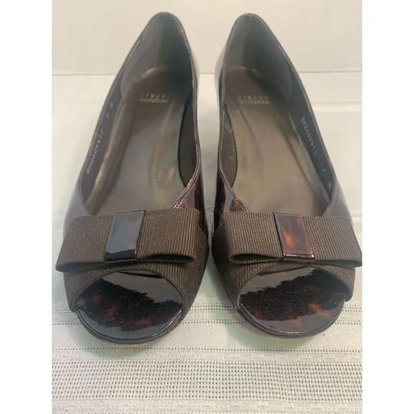 STUART WEITZMAN LOW HEEL WOMENS PEEP TOE OPEN TOE BROWN TORTOISE ITALIAN LEATHER