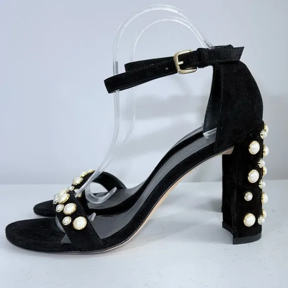 Stuart Weitzman Morepearls Pearl Studded Suede Ankle Strap Sandals in Black 8.5