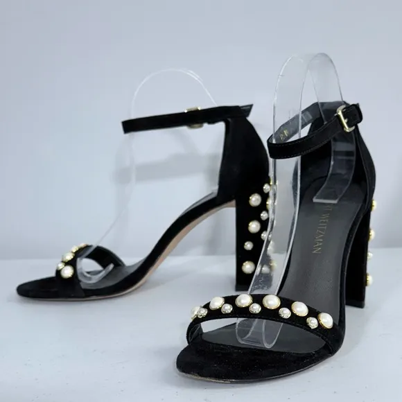 Stuart Weitzman Morepearls Pearl Studded Suede Ankle Strap Sandals in Black 8.5