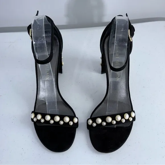 Stuart Weitzman Morepearls Pearl Studded Suede Ankle Strap Sandals in Black 8.5