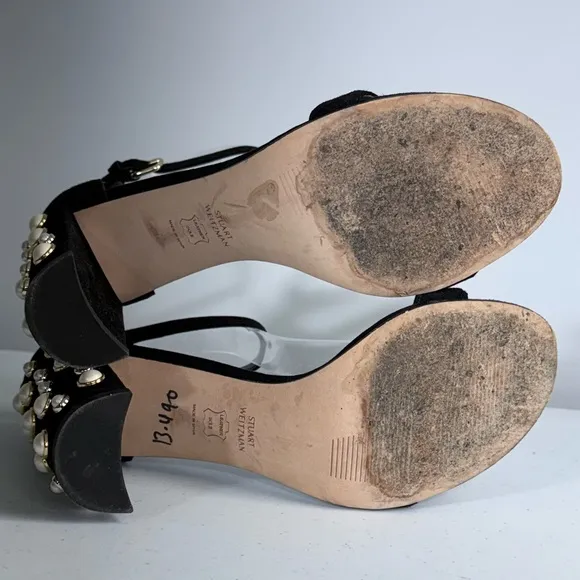 Stuart Weitzman Morepearls Pearl Studded Suede Ankle Strap Sandals in Black 8.5