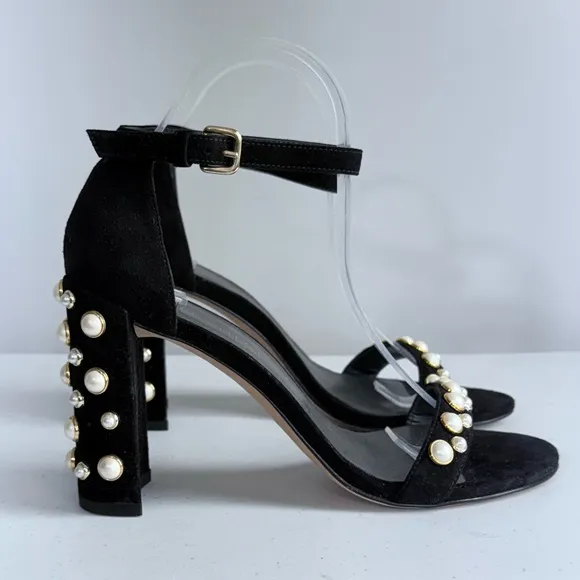 Stuart Weitzman Morepearls Pearl Studded Suede Ankle Strap Sandals in Black 8.5
