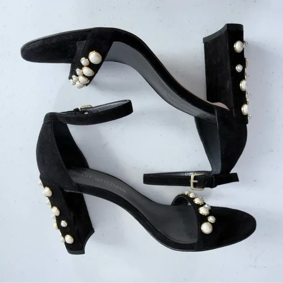 Stuart Weitzman Morepearls Pearl Studded Suede Ankle Strap Sandals in Black 8.5