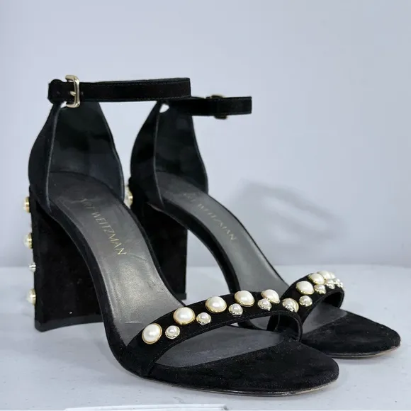 Stuart Weitzman Morepearls Pearl Studded Suede Ankle Strap Sandals in Black 8.5