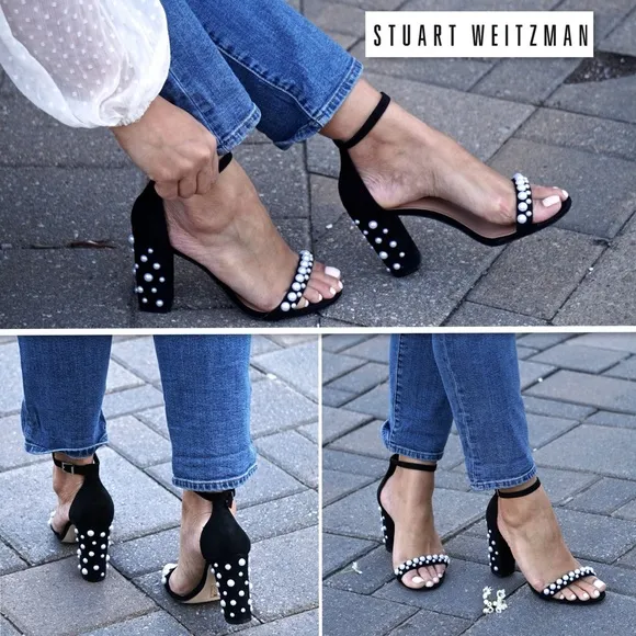 Stuart Weitzman Morepearls Pearl Studded Suede Ankle Strap Sandals in Black 8.5