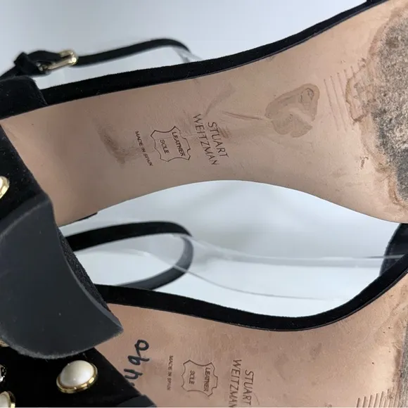 Stuart Weitzman Morepearls Pearl Studded Suede Ankle Strap Sandals in Black 8.5
