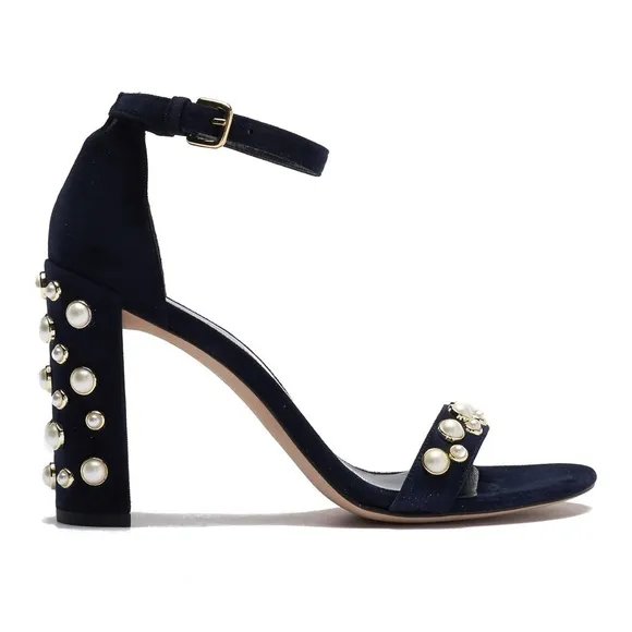 Stuart Weitzman Morepearls Pearl Studded Suede Ankle Strap Sandals in Black 8.5