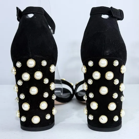 Stuart Weitzman Morepearls Pearl Studded Suede Ankle Strap Sandals in Black 8.5