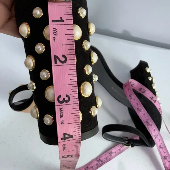 Stuart Weitzman Morepearls Pearl Studded Suede Ankle Strap Sandals in Black 8.5