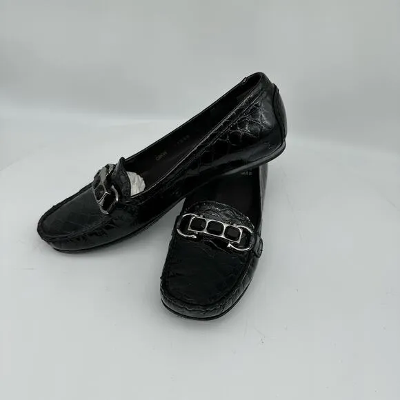 Stuart Weitzman Patent Leather Croc Embossed Wedge Buckle Loafer Shoes Women’s 4